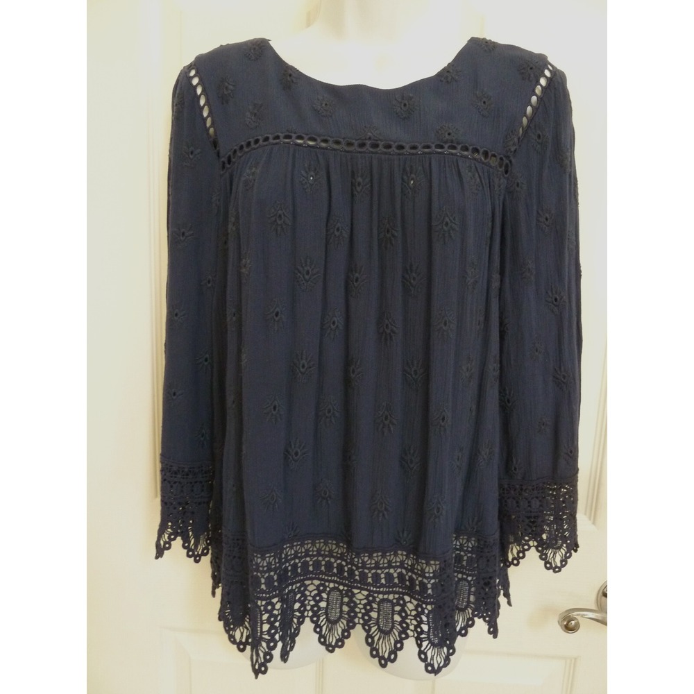Daniel Rainn Womens Small Navy Blue Eyelet Boho Lacy Blouse D16638RYN
